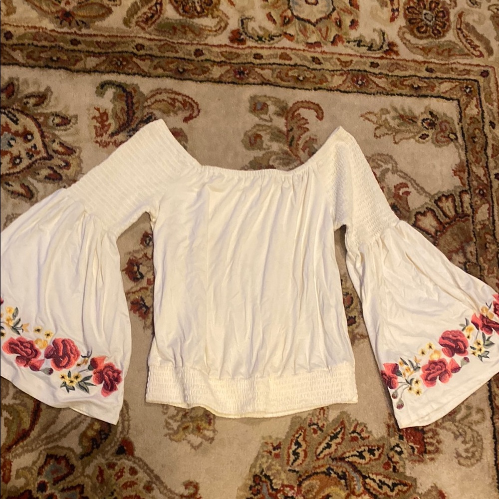 Boston Proper Cream Blouse with Bell Sleeves and Ruffled Smocking-M